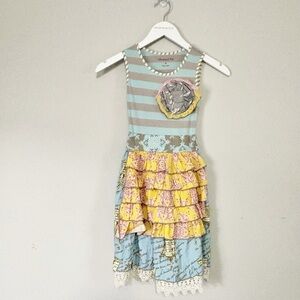 MUSTARD PIE Girl’s Multicolor Ruffled Apron REAGAN Dress Sash Waist Stretch Sz 6